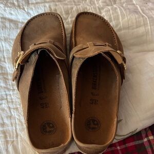 Birkenstock Tan Leather Slip-Ons with Gold Buckle